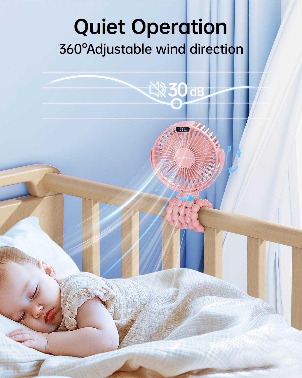 Sweetfull Portable Stroller Fan - 4-Speed Rechargeable Mini Clip-On Fan with LED Display | Pink