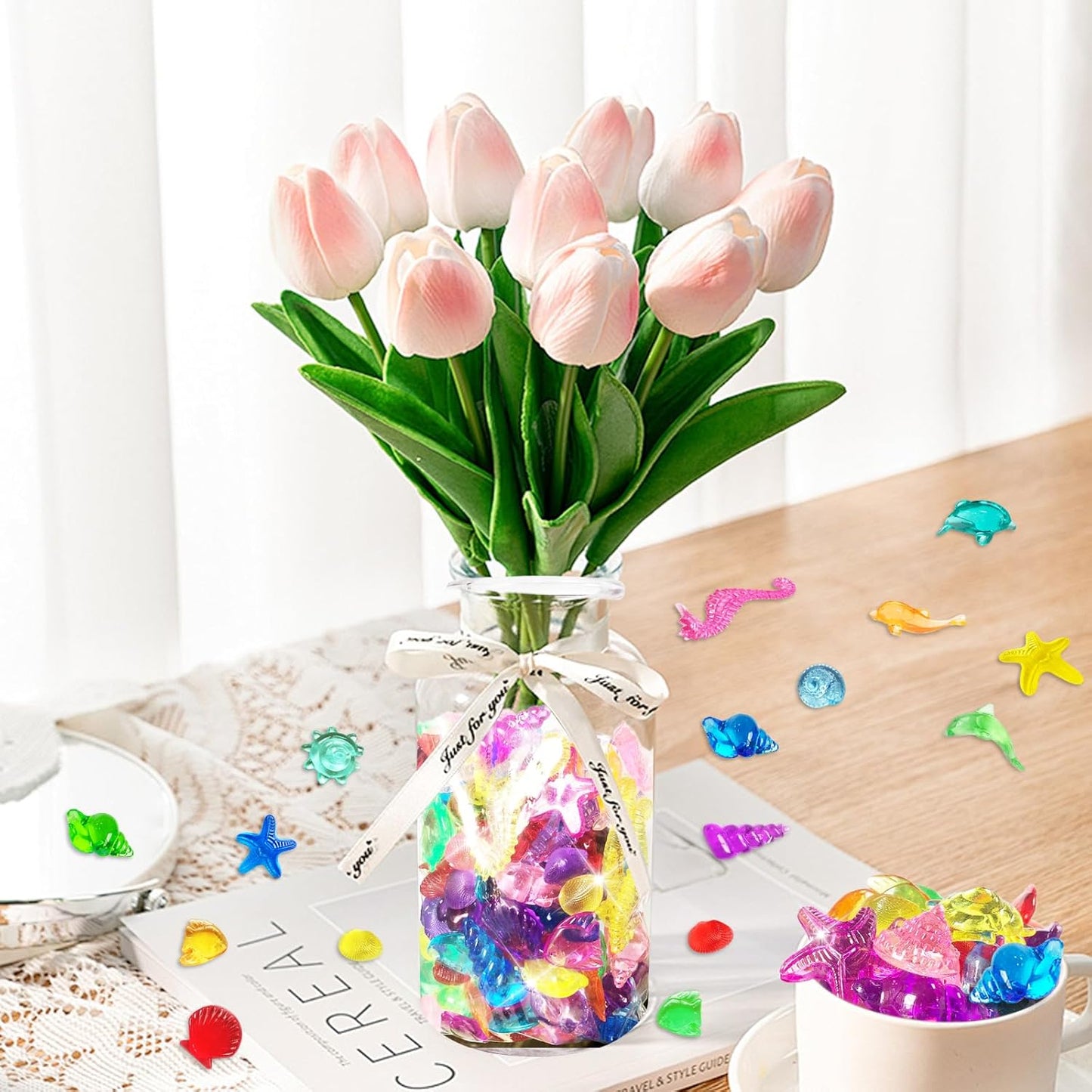 Skiennix Sea Shell Sensory Bin Filler - 100+ Mini Acrylic Ocean Toys for Kids | 15 Colors, 12 Styles