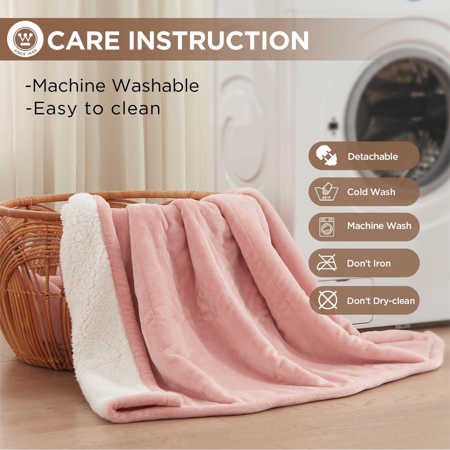 Westinghouse Heated Blanket Throw, Soft Flannel to Sherpa Electric Blanket with 10 Heating Levels, 12 Hours Auto Off, Fast Heating, Machine Washable, 50x60 Inch, Pink