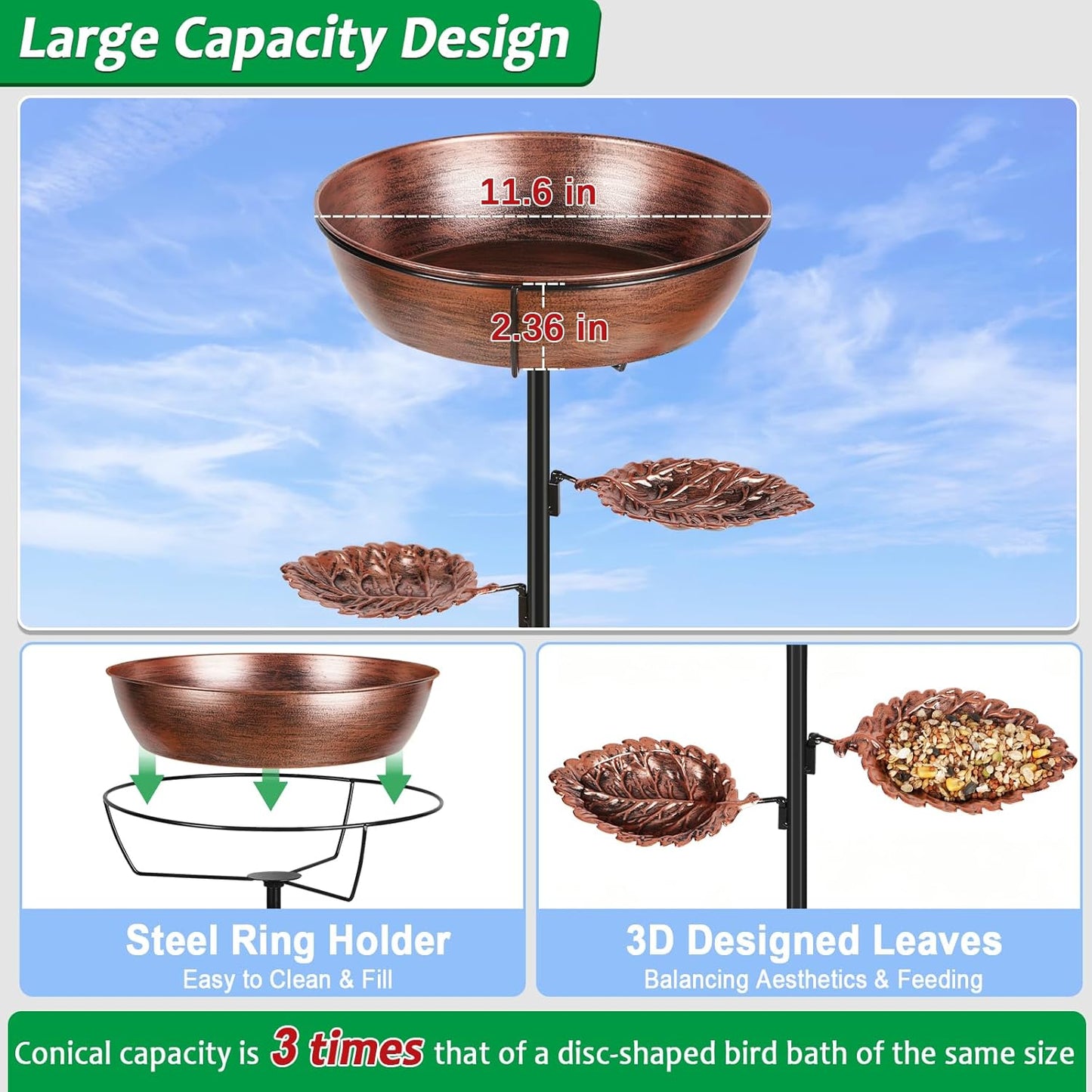 Metal Bird Bath - Heavy-Duty Outdoor Garden Feeder with Removable Bowl | Rust-Proof Bronze Design