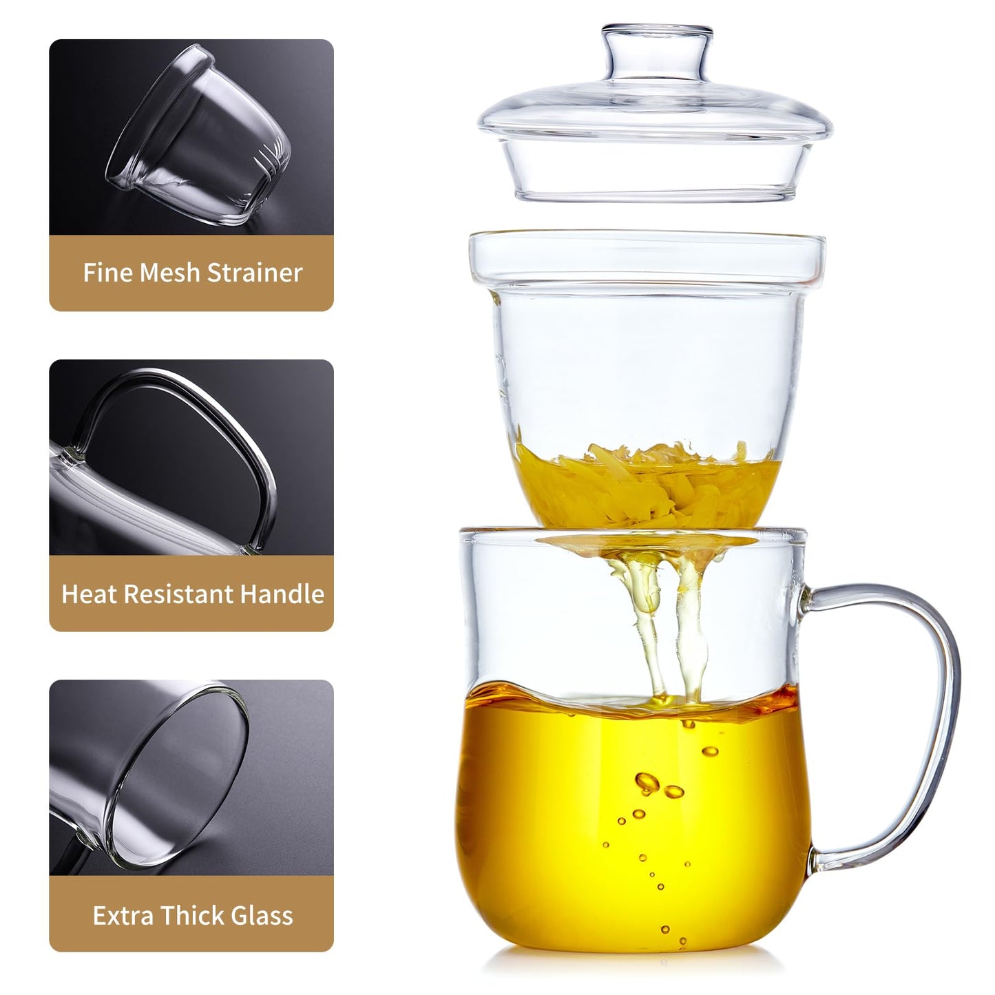 DOPUDO Glass Tea Cup with Infuser and Lid, 12oz/350ml Large Borosilicate Teacup, Clear Mug for Loose Leaf Tea, Birthday Gift for Tea Lover