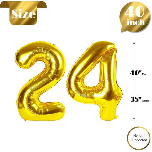 Gold Number 24 Balloon 40 inch, 24 Number Balloons, 24th Gold Birthday Decorations, 24 Year Old Women Men Golden Party Supplies