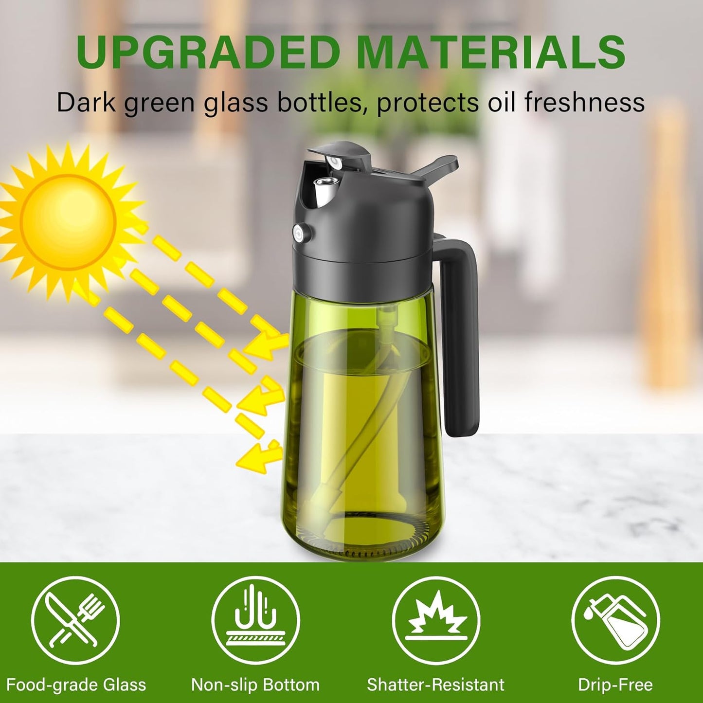 Vakoo 2 in 1 Oil Sprayer - 16oz Dark Glass Olive Oil Dispenser for Cooking & BBQ (Black/White)