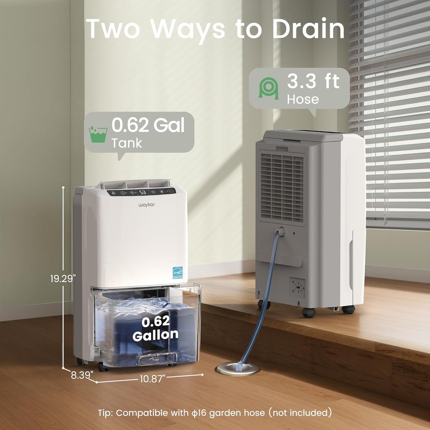 Waykar Dehumidifier - Energy Star 2000 Sq. Ft, 34 Pints, Quiet 33dB, Auto/Manual Drainage, 0.62 Gallon Tank