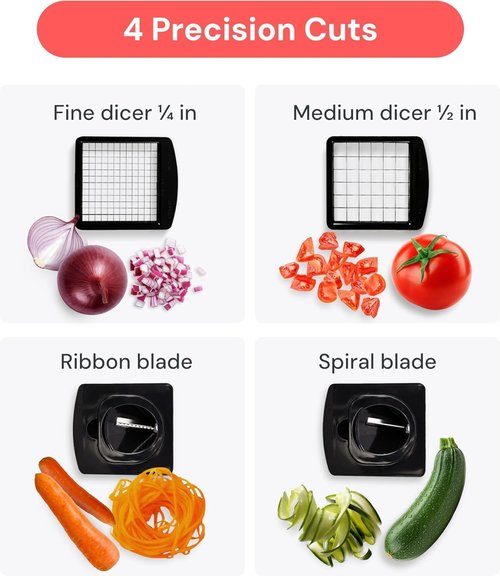 Fullstar Pro Chopper - 4-in-1 Vegetable Chopper & Spiralizer with Container | Stainless Steel Kitchen Gadget