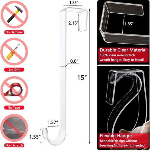 Clear Wreath Hanger Hooks - 15 Inch Non-Scratch Over The Door Hooks | 2 Pack for Fall & Christmas Decor