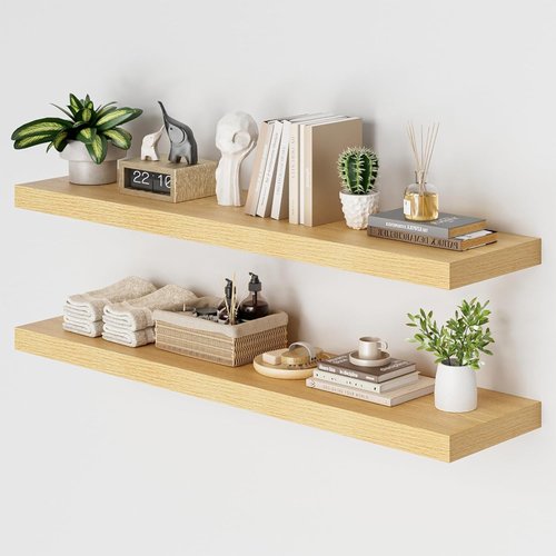 Heimlove Floating Shelves - Set of 2, 12-Inch Deep Wood Wall Shelves for Home Office & Living Room - Oak Finish