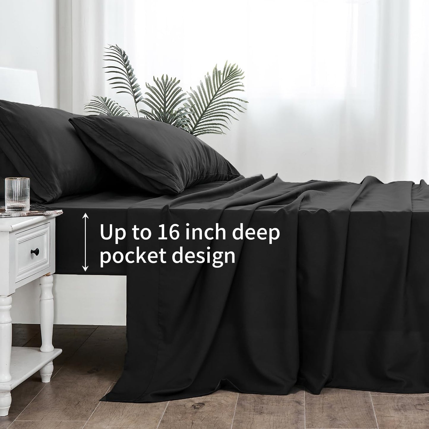 LINENLINE Full Sheet Set - Soft & Breathable Bamboo Rayon | 6-Piece Cooling Sheets, 16" Deep Pocket, Black