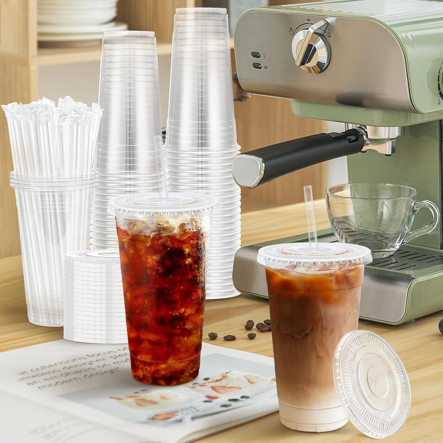 Lamosi 100 Pack 20 oz Clear Plastic Cups - Disposable Iced Coffee Cups with Lids & Straws for Cold Drinks