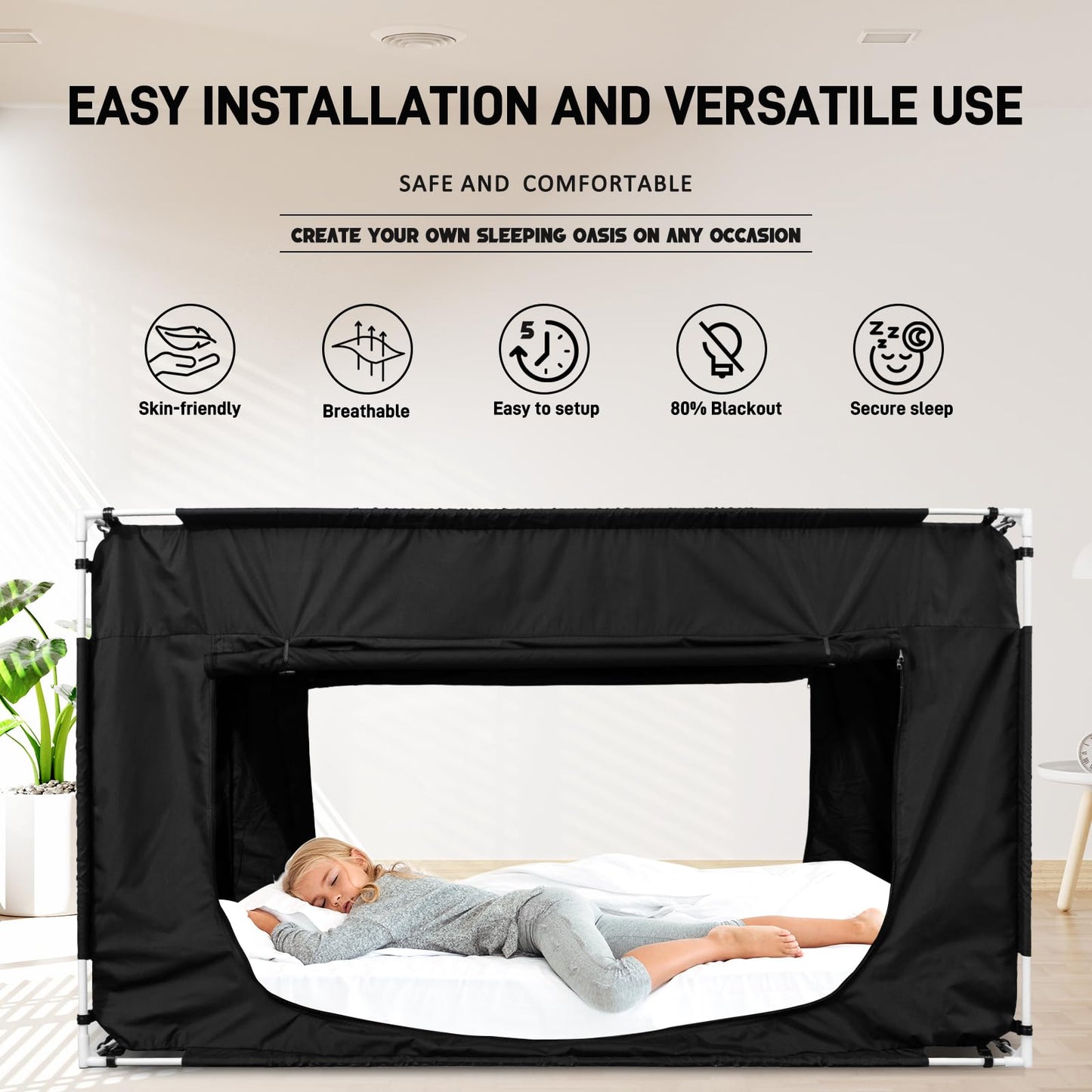 Quinnsus Bed Tent Bed Canopy Full Size Tents for Adult and Kids - Portable Sleeping Bed Tents 80% Blackout with 4 Doors Breathable Private Space Tents(Mattress Not Included)