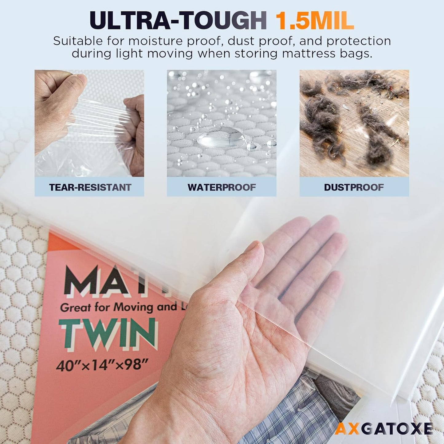 Skiennix Twin Size Mattress Bag - Waterproof Plastic Cover for Moving & Storage (2PC, 1.5MIL)