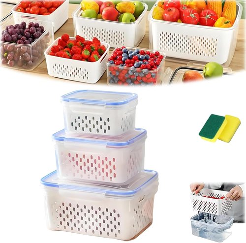 4 in 1 Food Storage Container Set - Large Fruit Containers with Lid & Strainer | White (3PC)