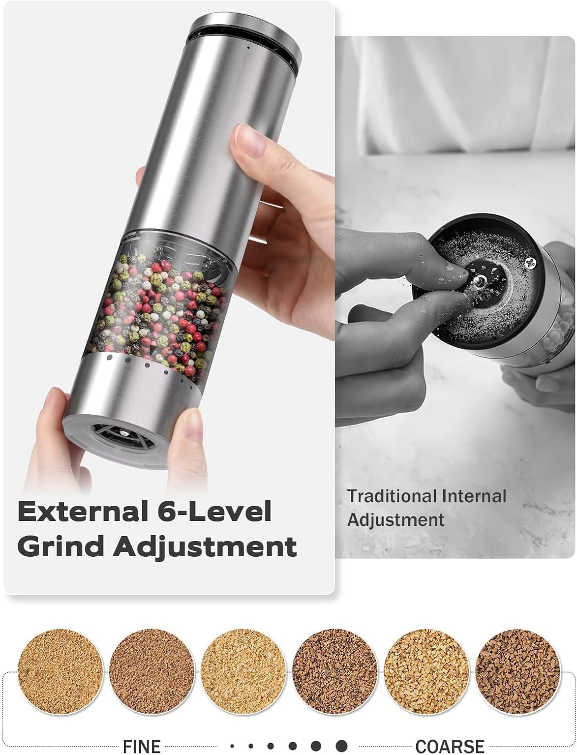 Skiennix Electric Salt and Pepper Grinder Set - Rechargeable Automatic Grinders with Adjustable Coarseness | Stainless Steel, Silver