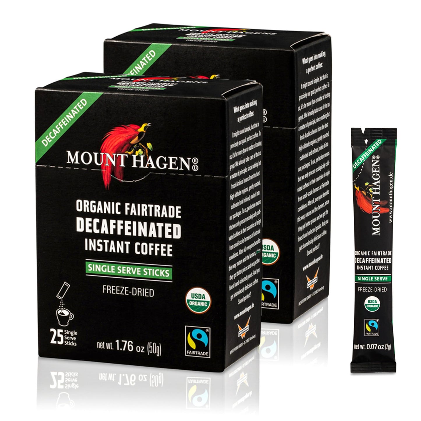 Mount Hagen 25 Count Single Serve Instant Decaf Coffee Packets - 2 pack | Decaffeinated Organic Medium Roast Arabica Beans | Eco-friendly, Fair-Trade [2 x 25 sticks/1.76oz/50g], Pack of 2