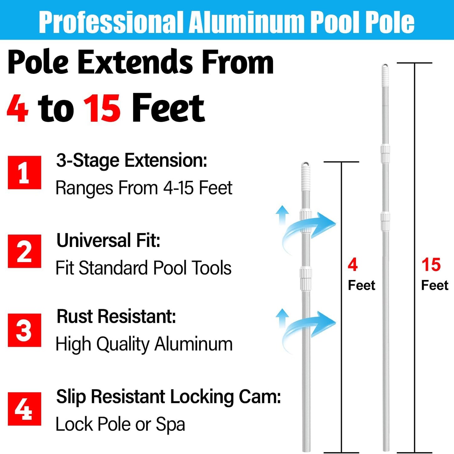 YEECHUN 15-Foot Telescopic Aluminum Swimming Pool Pole - Heavy Duty for Skimmer Nets & Brushes