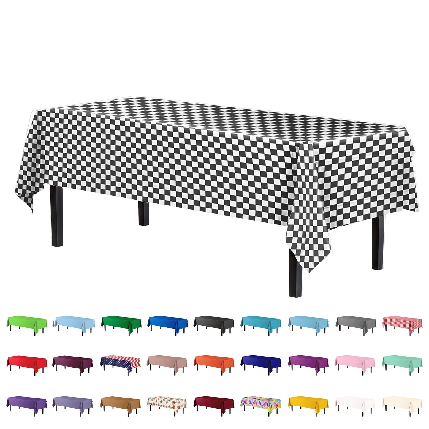Party Solids Pack Of 6, Premium Plastic Tablecloth 54in. x 108in. Rectangle Table Cover - Checkered