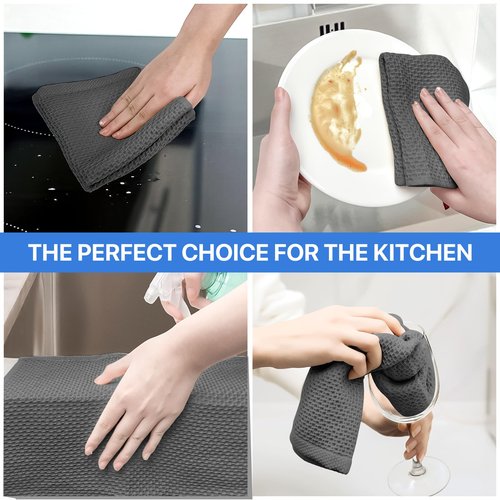 FreeNook 100% Cotton Waffle Weave Kitchen Towels, 8 Pack Dish Cloths for Washing Dishes, Ultra Soft Absorbent Dish Towels, Quick Drying Kitchen Rags, 12x12 Inches, Dark Grey