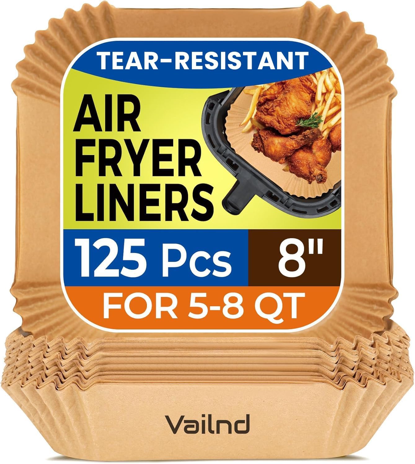 Skiennix Air Fryer Paper Liners - 125 Pcs Non-Stick Parchment Sheets | 8-Inch Square, Bleach-Free
