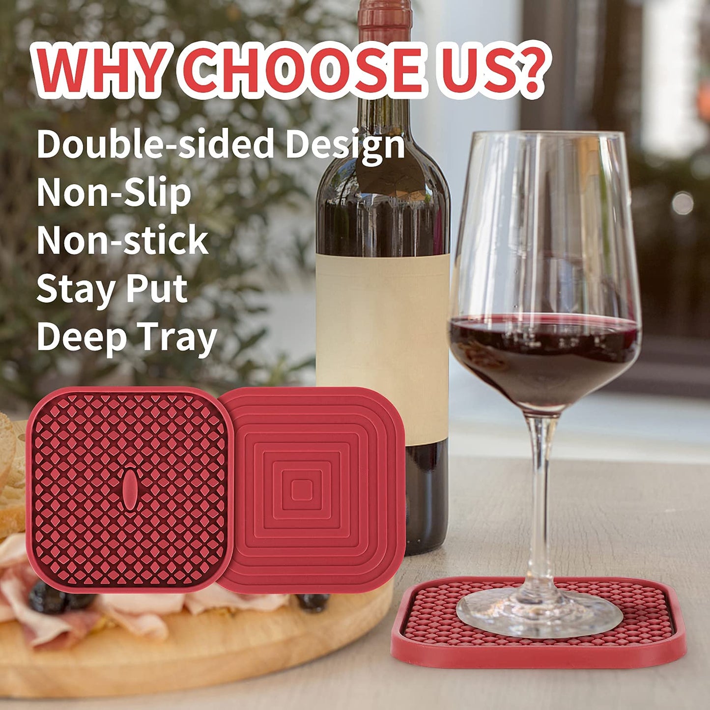 ME.FAN Silicone Coasters with Holder [6 Pack] Square Drink Cup Mat - Non-Slip, Non-stick, Stay Put, Deep Tray - Prevents Furniture and Tabletop Damages Deep Gray