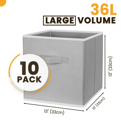 Criusia Large Storage Cubes, 13x13 Cube Storage Bins (Set of 10), Fabric Collapsible Storage Bins with Dual Handles, Foldable Cube Baskets for Shelf, Closet Organizers and Storage Box (Grey)