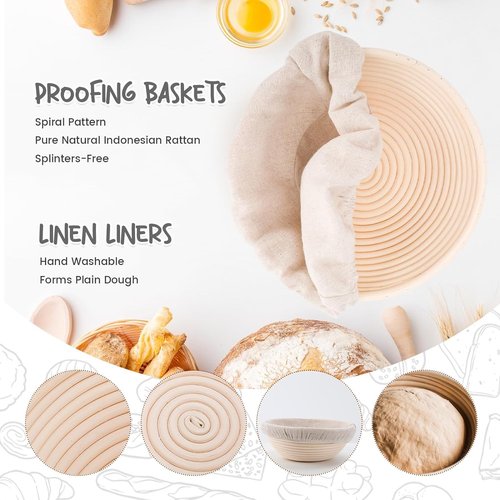 DOYOLLA Proofing Baskets for Sourdough Bread Making, Dough Proofing Bowls Kit with Cloth Liner + Scoring Lame + Scraper for Professional & Home Sourdough Bakers (Round,8.5 inch,Set of 2)