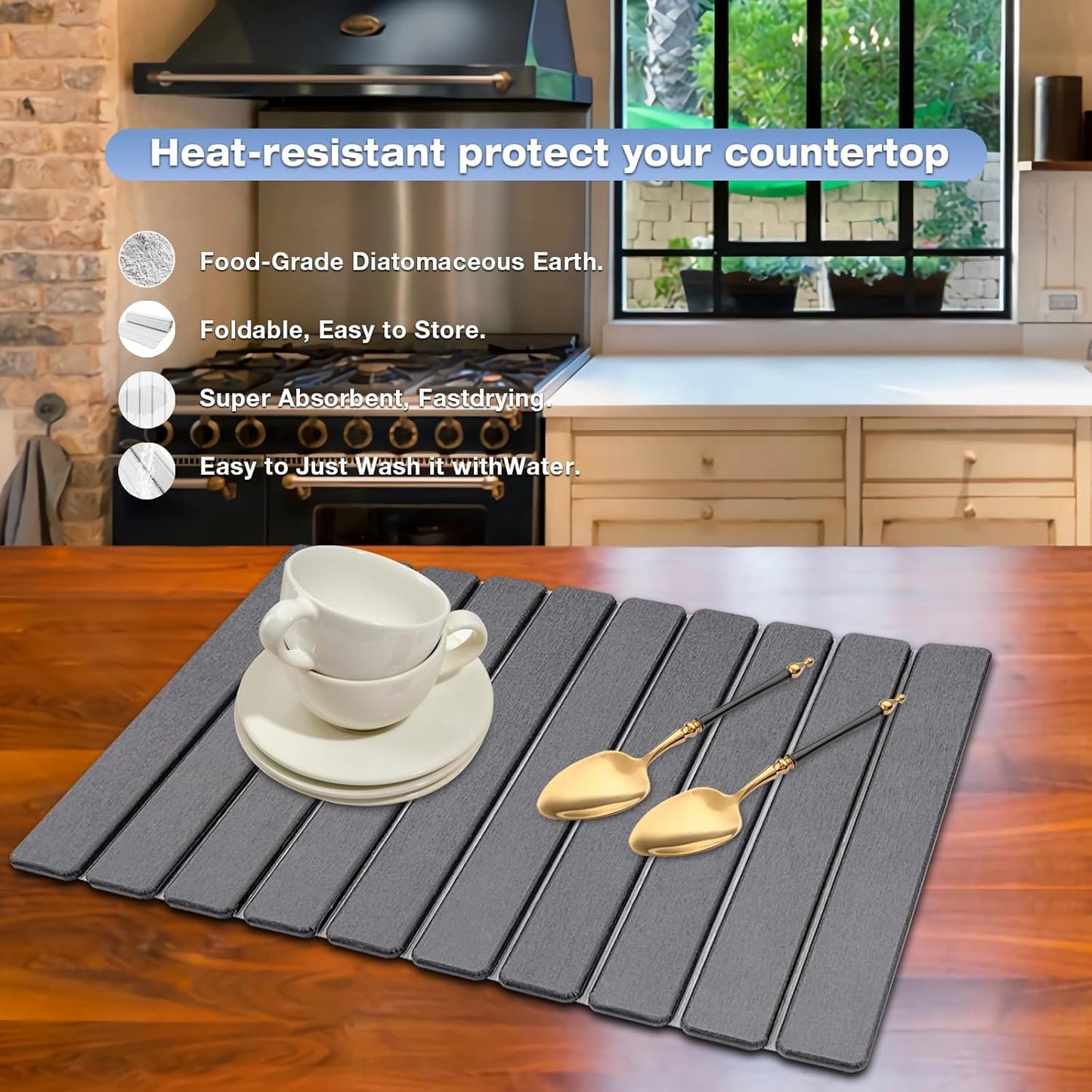 Rain Spirit Large Stone Dish Drying Mat - Quick Dry Diatomaceous Earth | 24" x 16" Grey