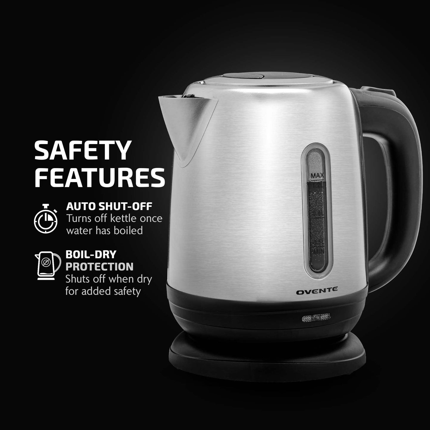 OVENTE Electric Tea Kettle Stainless Steel 1.2 Liter Portable Instant Water Boiler Heater 1100W Power Fast Boiling with Cordless Body and Automatic Shut Off for Coffee Milk Chocolate Silver KS22S