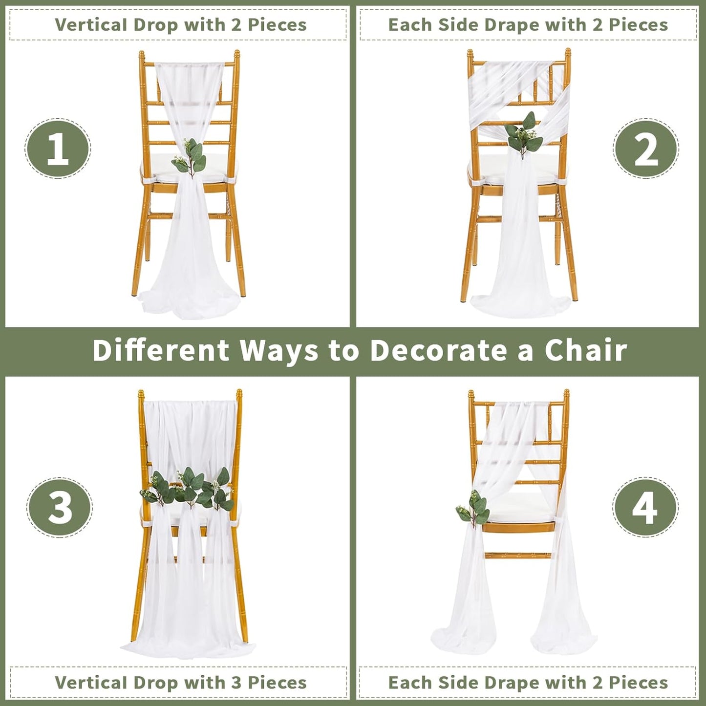 QueenDream Chair Sashes - Elegant White Draping Fabric for Weddings | 24 Packs, 8ft Long
