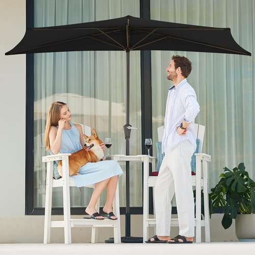 JEAREY 9ft Half Patio Umbrella - Crank-Operated, UV Protection, 1/2 Round Design for Pool & Garden - Black