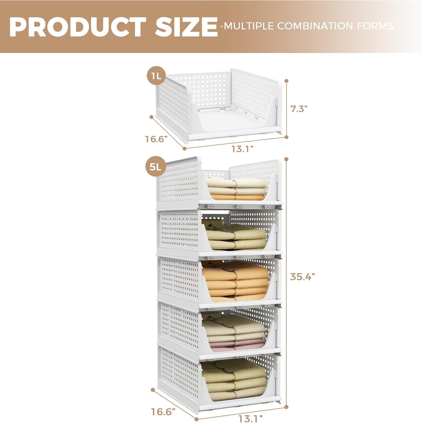 Pinkpum Stackable Plastic Storage Bins - 5 Pack Closet Organizers for Home & Office | White