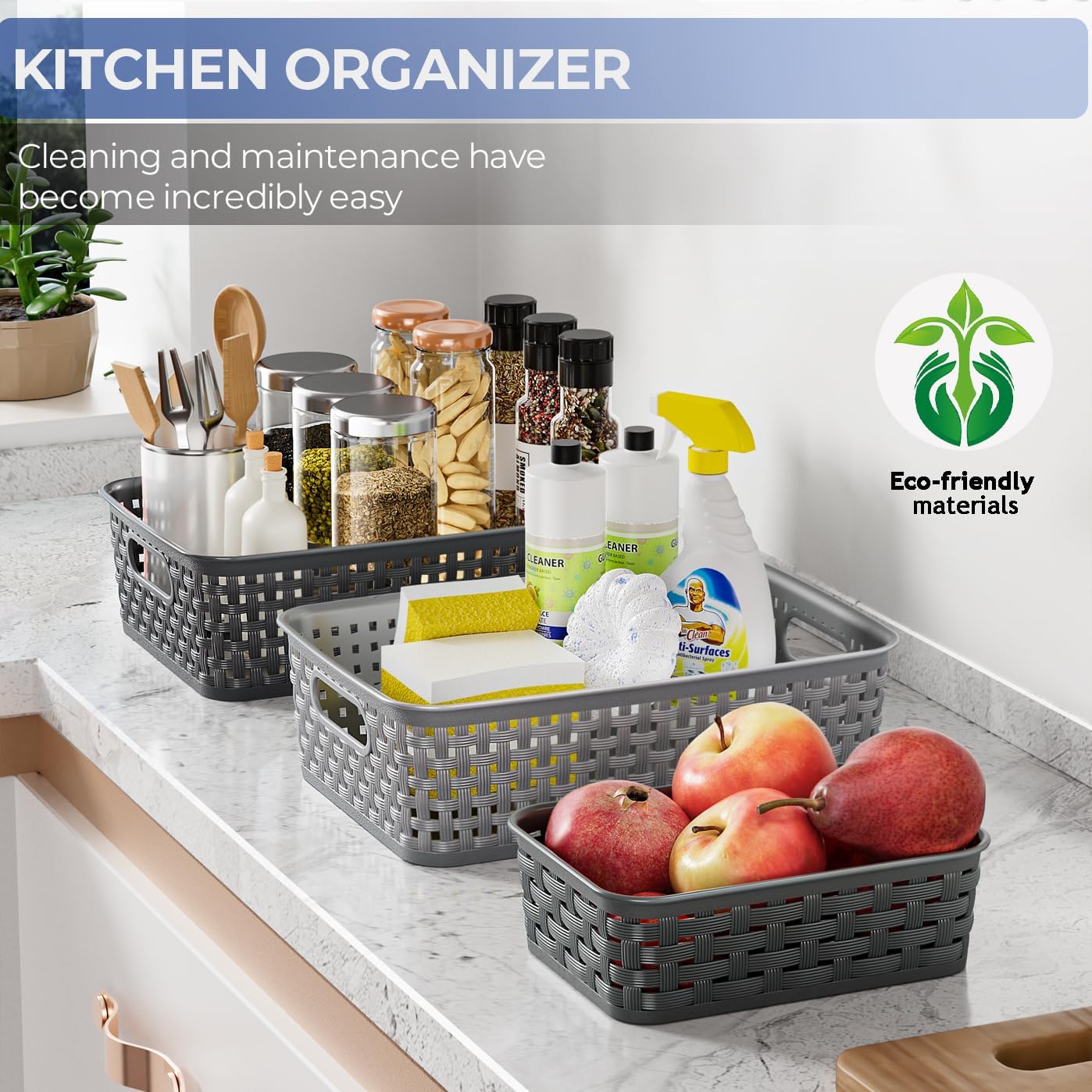 Small Plastic Storage Baskets - 3 Pack Organizing Bins for Laundry, Kitchen, and Pantry | Dark Gray