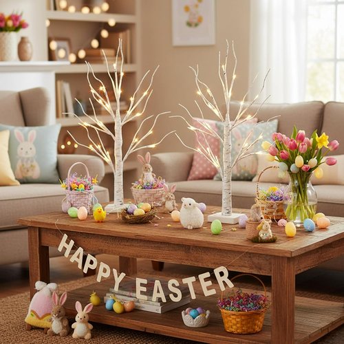 EAMBRITE Lighted Birch Tree - 24 LED Mini Tabletop Easter Decorations | 2FT Battery Operated White Trees