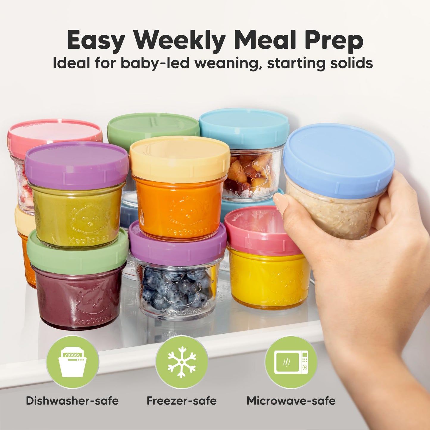KeaBabies 12pk 4oz Glass Baby Food Containers with Lids - Leak-Proof, Microwavable Small Glass Jars, Baby Purees & Toddler Snack Storage Containers, BPA-Free, Dishwasher & Freezer Safe (Nord)