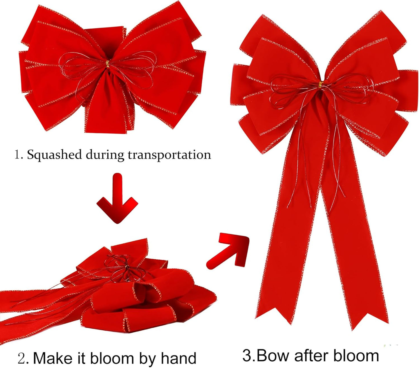 Skiennix 2 Pack Red Christmas Bows - Large 12”x20” Velvet Wreath Bows with Glitter Gold Edge for Holiday Decor