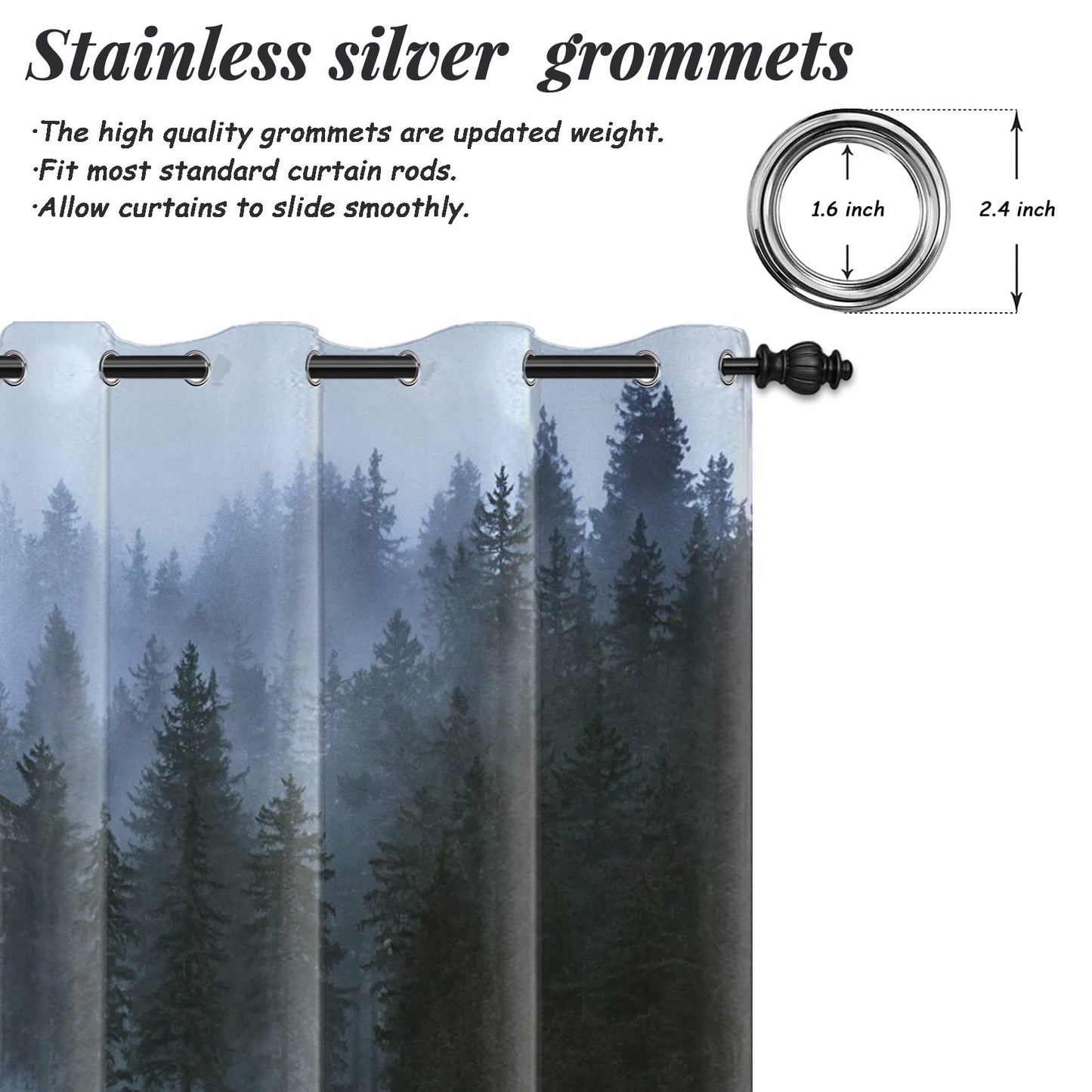 AWERT Blackout Curtains for Bedroom Light Blue Tree with Fog Nature Forest Curtains 2 Panels for Living Room Heat Blocking 42x84inch