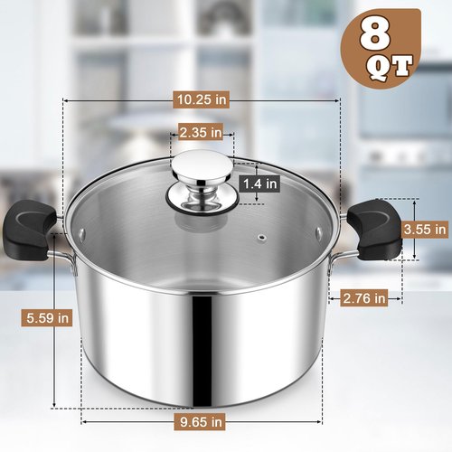 8 Quart 3-Ply Cooking Stock Pot with Lid, P&P CHEF Stainless Steel Large Pot for Pasta Soup, Work on Multi Stove, Heavy Duty & Dishwasher Safe, Dual Heat-resistant Handles & Transparent Glass Lid