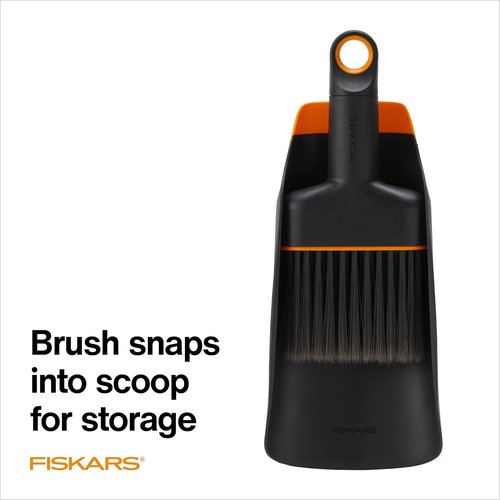 Fiskars Planting Soil Scoop & Brush Set - Dual-Sided Indoor Digging Tool with Soft Bristles & Flexible Dustpan