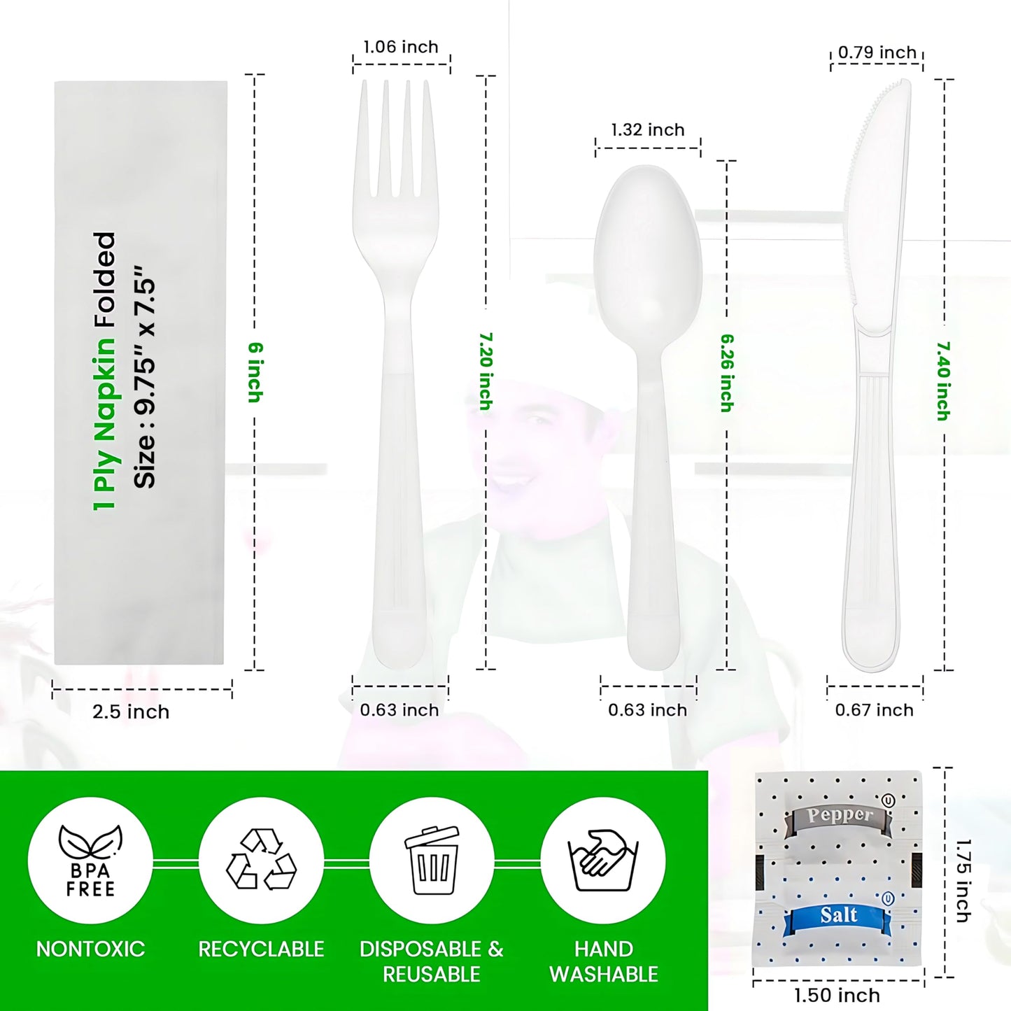 Pokanic Plastic Utensils x [125 Pack] Silverware Wrapped Combo Set Bulk Variety Pack Disposable Cutlery Party Supply Heavy Duty Forks, Spoons, Knives, Napkins, Salt Pepper (125 Pack, White - Set A)