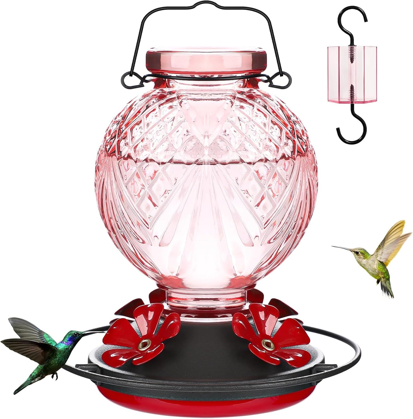 Skiennix Glass Hummingbird Feeder - 20oz Outdoor Nectar Feeder with Bee Guard Ports & Ant Moat | Pink