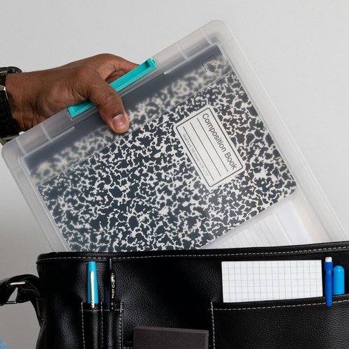 IRIS USA Craft Storage Bins - 6 Qt. Clip Box Organizer with Lids, 4-Pack | Stackable Clear & Seafoam Blue
