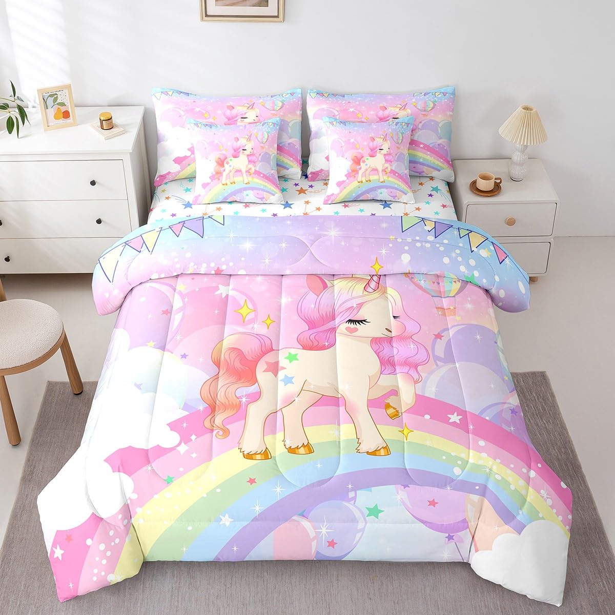 Feelyou Unicorn Girls Bed in a Bag Twin Rainbow Kids Pink Unicorn Comforter Set with Sheets Kawaii Cute Stars 7 Piece Bedding Set Teens Children Adults Cartoon Unicorn Room Decor All Season