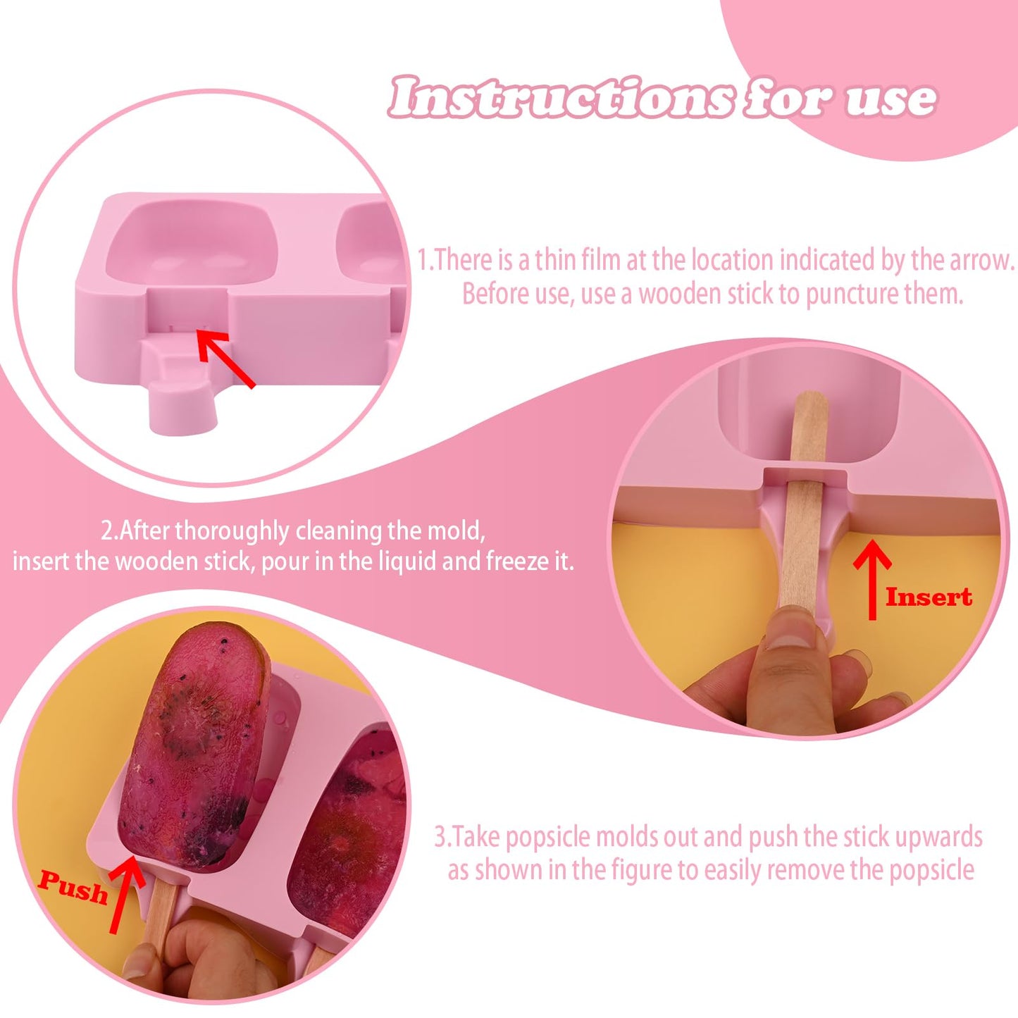 WMKGG Popsicle Silicone Molds Set, 2 PCS Ice Cream Molds with 50 Wooden Sticks for Cake Pop, Ice Pop, Cakesicles (Standard Size/Pink)