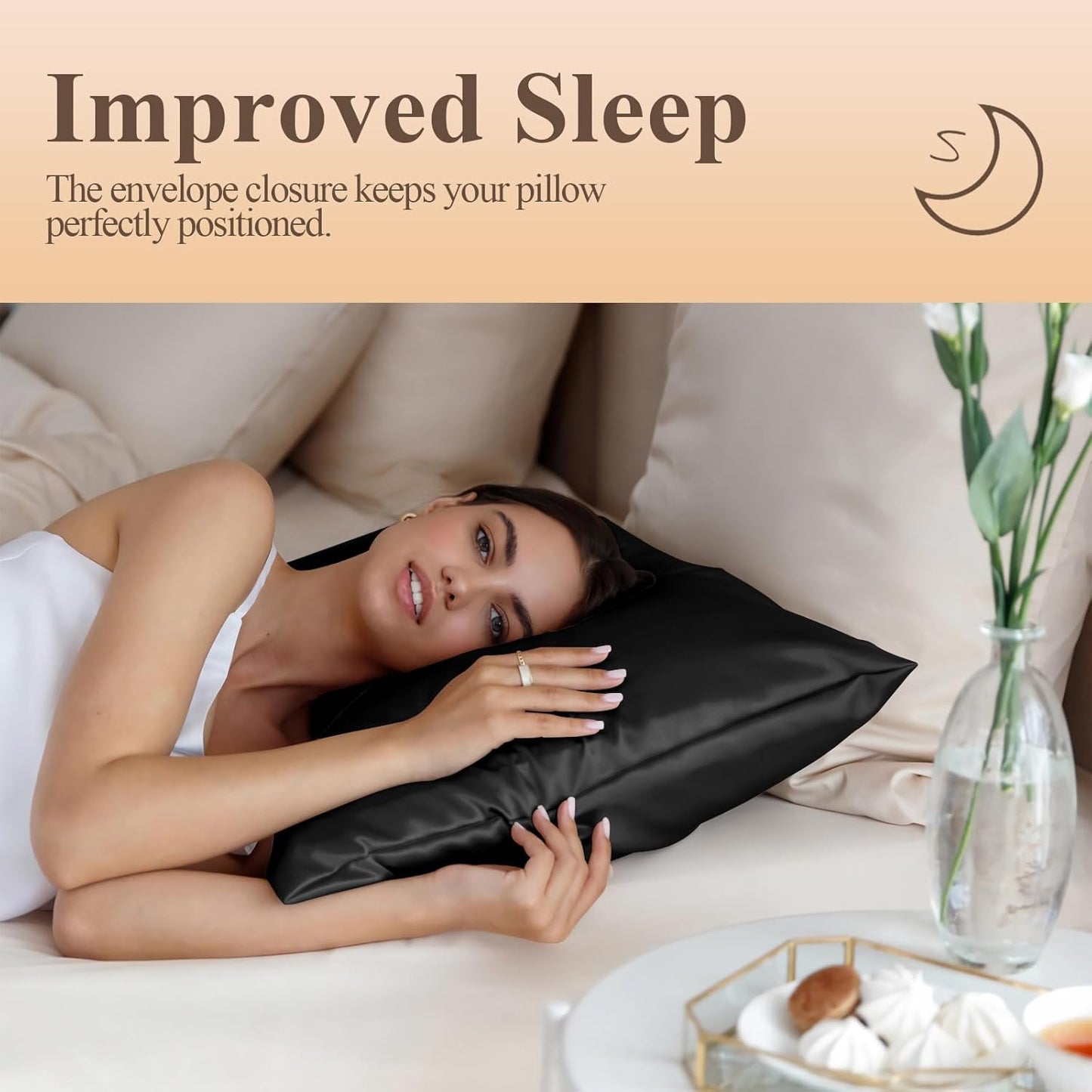 Skiennix Silk-Like Satin Pillowcase - Cooling & Smooth for Hair/Skin | Standard Size, Black, 2 Pack (20x26)