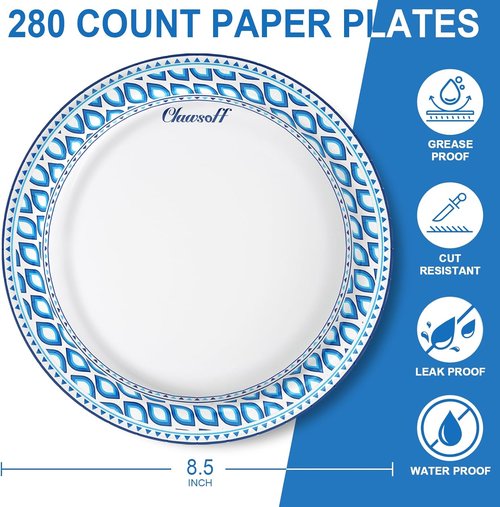 Clawsoff Heavy-Duty 8.5-Inch Paper Plates - 280 Count, Soak Proof, Perfect for Parties & Picnics