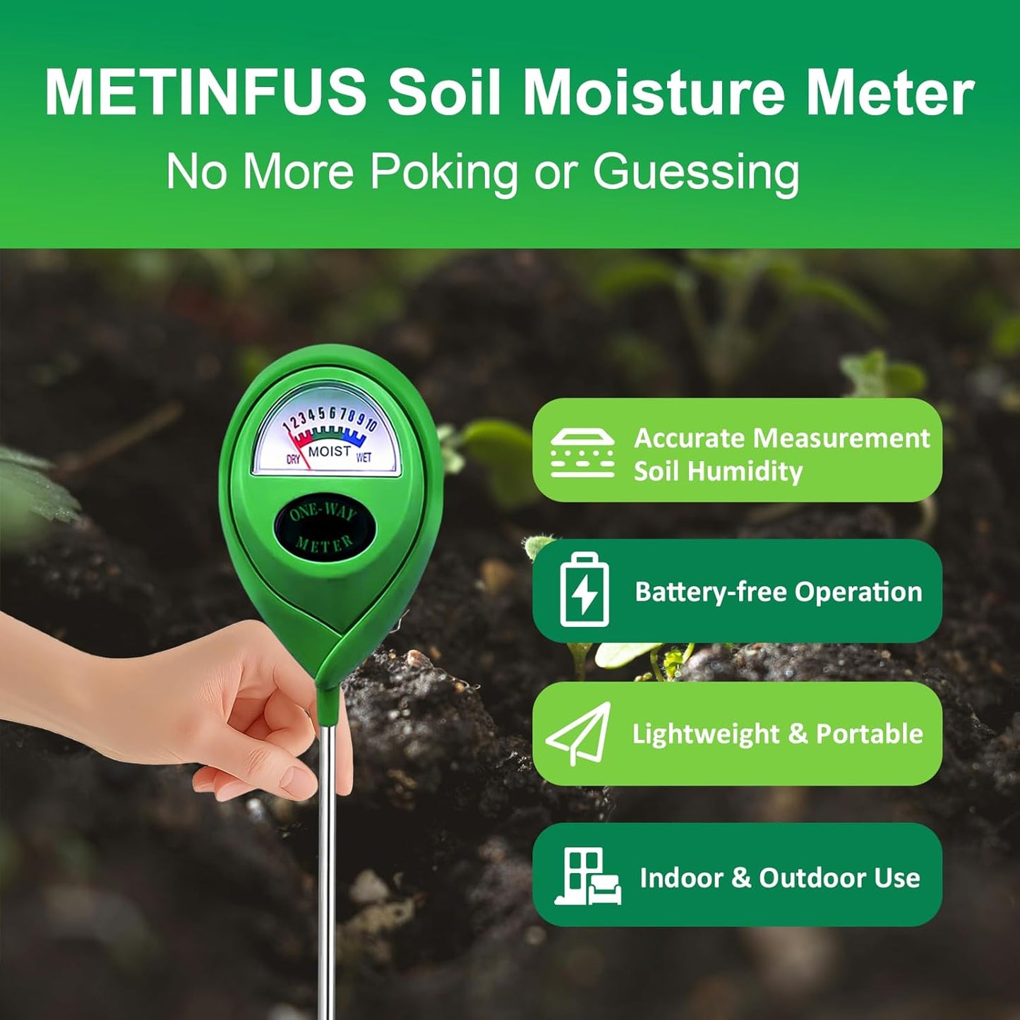 Soil Moisture Meter - Accurate Plant Water Tester for Indoor & Outdoor Use | No Battery Required