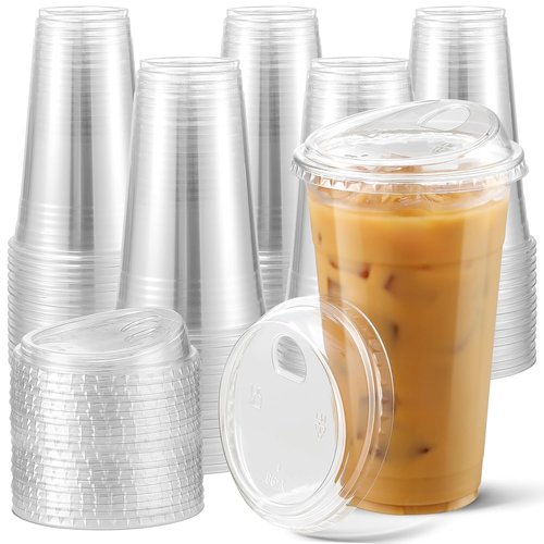 AOZITA 100 Pack 20 oz Plastic Cups - BPA-Free Disposable Iced Coffee Cups with Strawless Sip-Lids