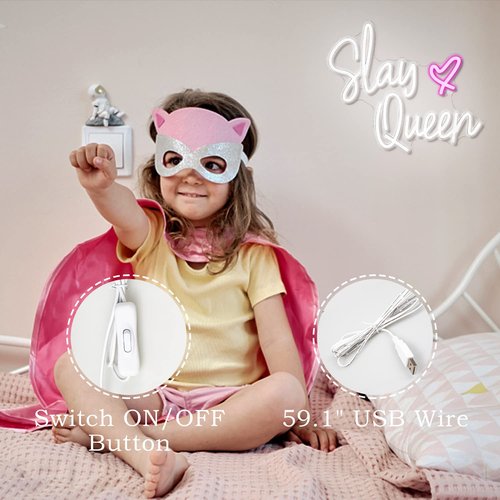 FAXFSIGN Slay Queen Neon Sign White Pink LED Neon Light Up Signs for Wall Decor Usb Neon Light for Bedroom Preppy Girl Aesthetic Room Dorm Decor Y2k Party Gifts