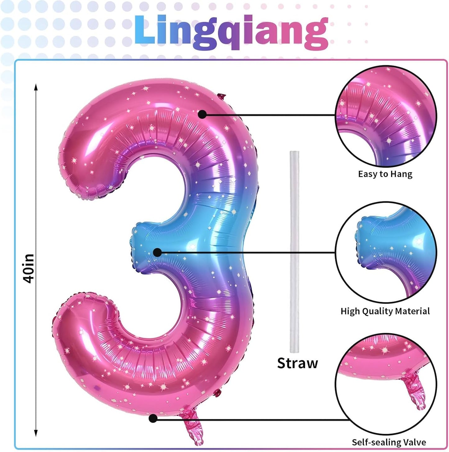 Skiennix 40-Inch Rainbow Number 3 Balloons - Self-Inflating Gradient Blue, Pink & Purple | Perfect for 3rd Birthday Celebrations