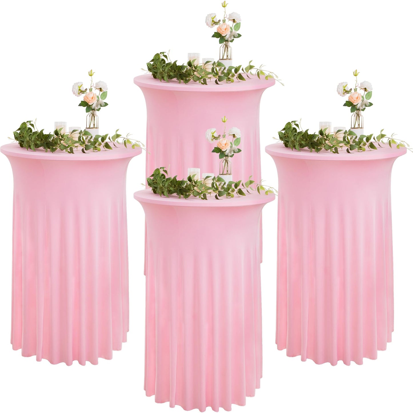 4 pk Pink Round High Top Cocktail Table Cloths 32inch×43inch, Wrinkle Free Stretchy Fitted Highboy Spandex Cocktail Tablecloth Table Covers with Pleats Skirts for Party Wedding Banquet Bar
