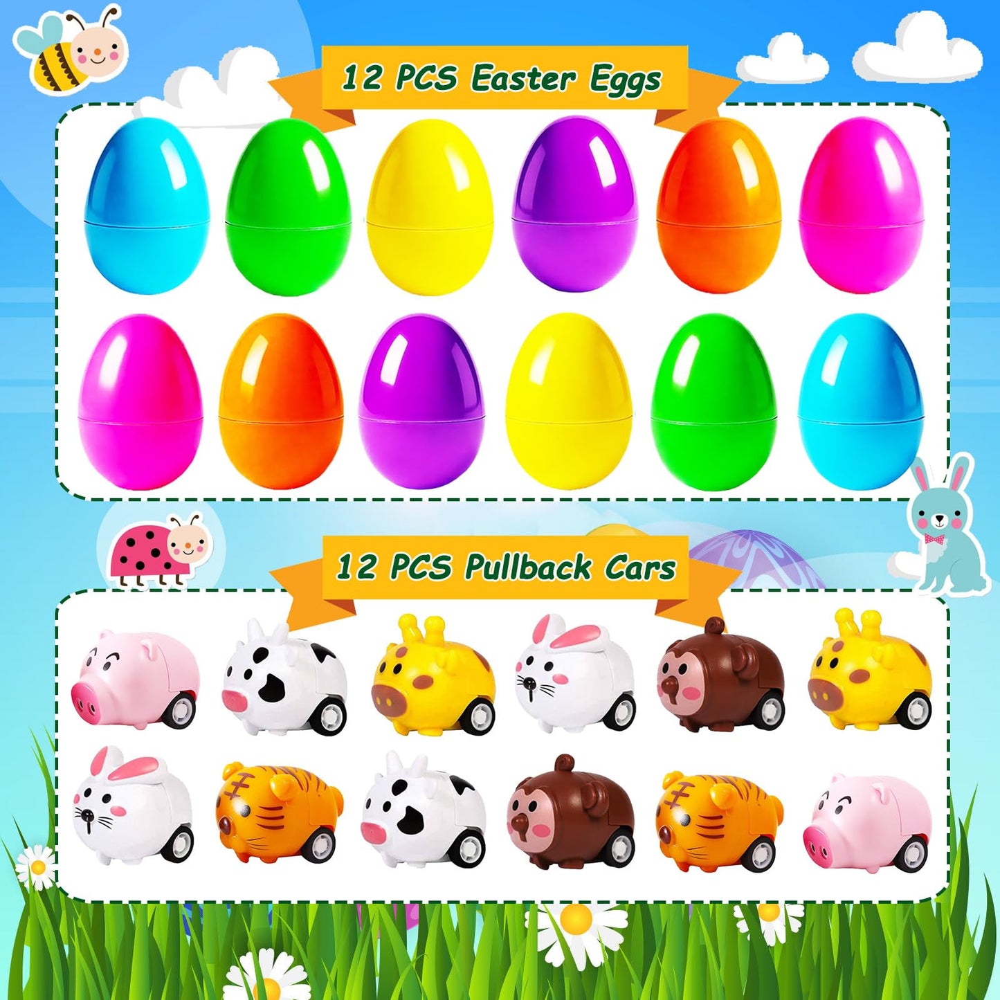 LIYROIUB 12 Pack Filled Easter Eggs with Animal Pull Back Car Toys - Surprise Toy Assortment for Easter Egg Hunts, Basket Stuffers & Party Favors | Easter Gifts for Kids Boys Girls
